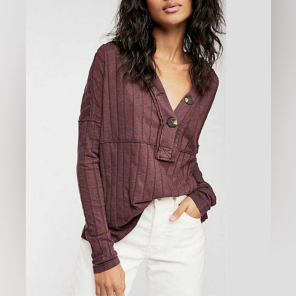 We The Free (Free People)Purple Ribbed Button-Up‎ Sweater
